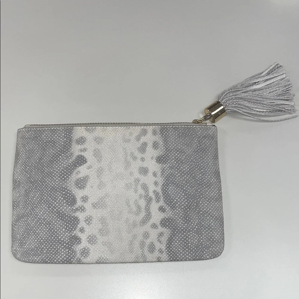 GILI animal print Gray and White leather Tassel Clutch NWOT